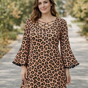 Simply Southern Leopard Print Dress Medium Pom Pom Bell Sleeve Boho Casual Flowy